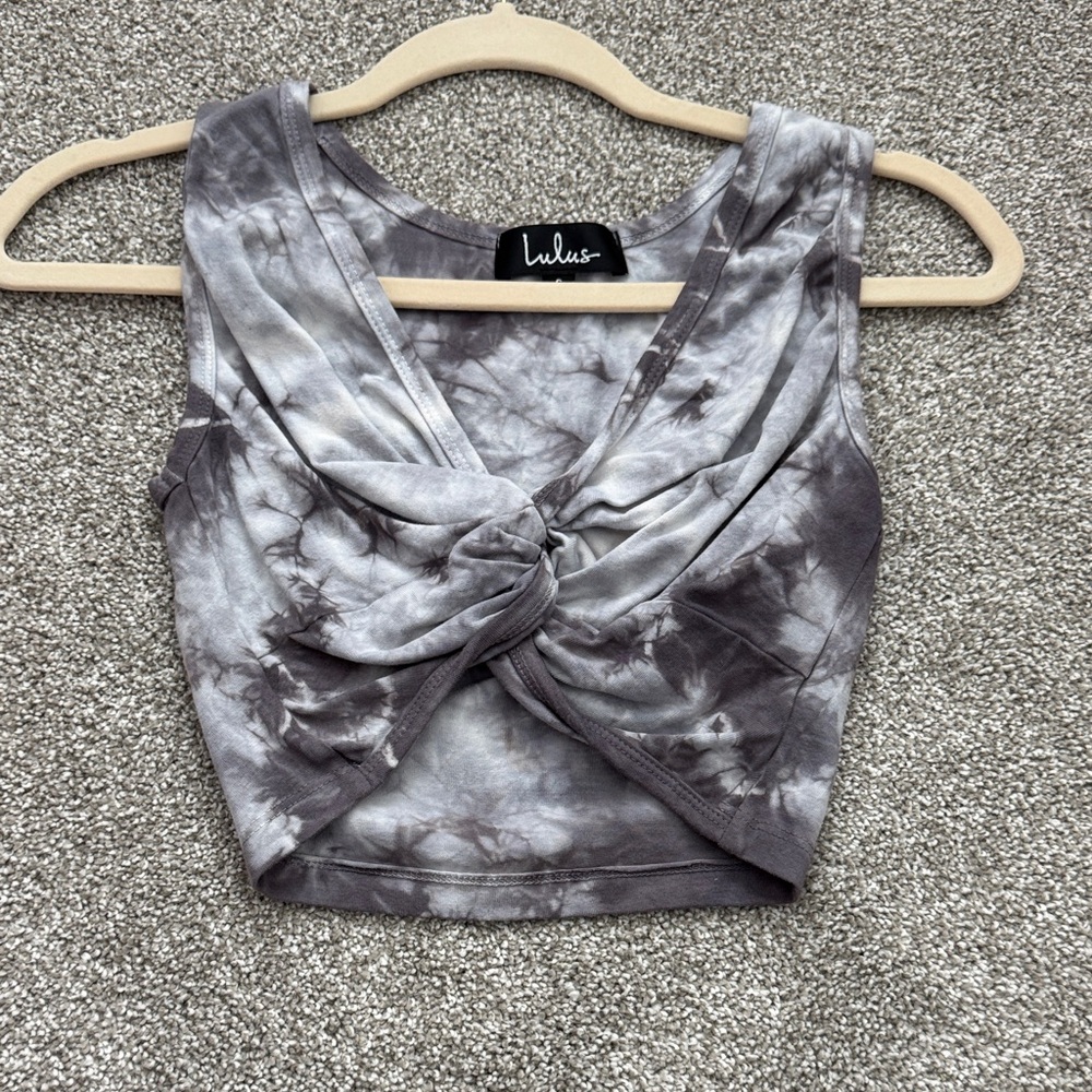 Lulu's Charcoal Tie-Dye Knot Front Tank Top